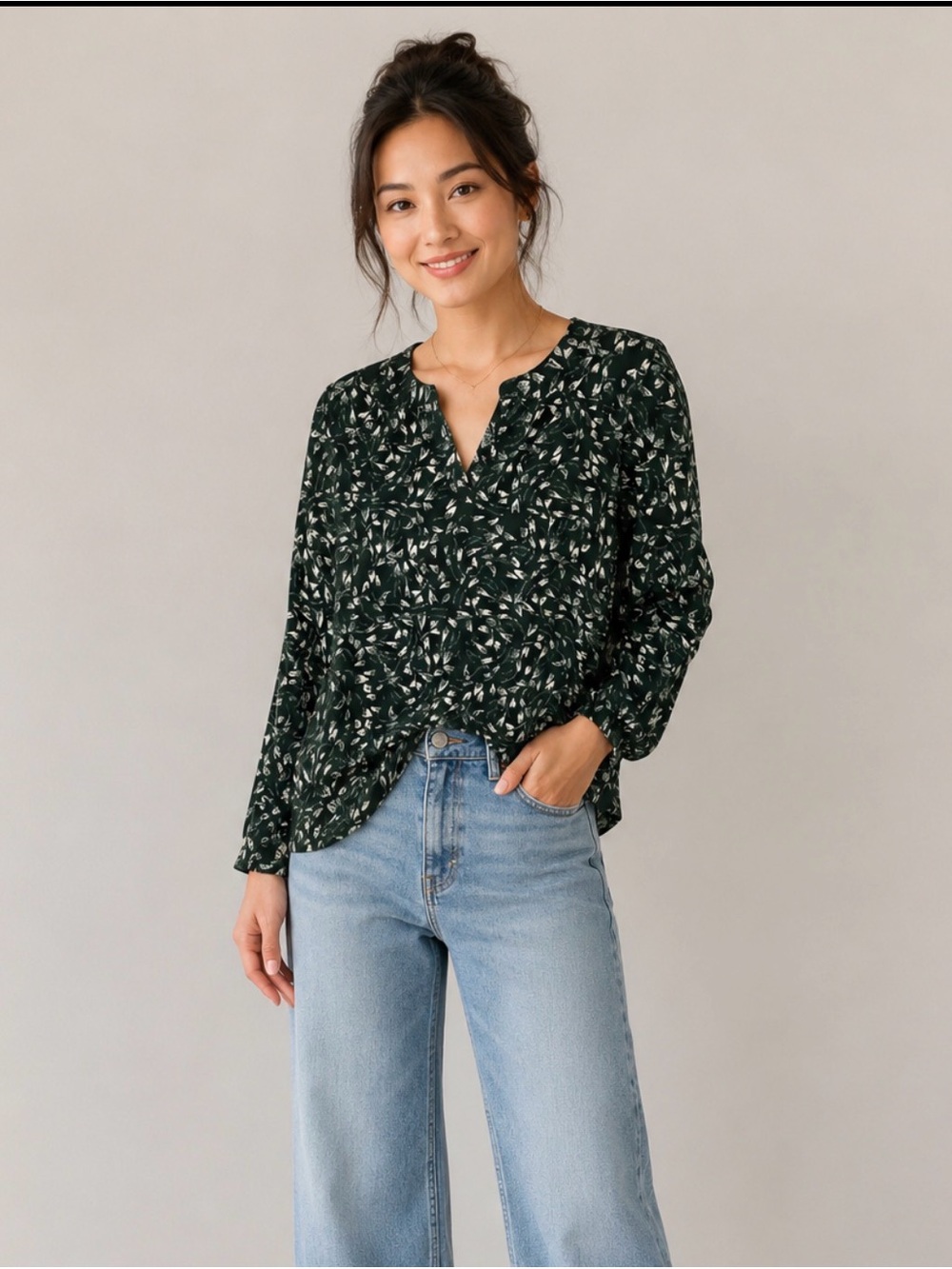 Pact S Dark green leaf print organic cotton v neck long sleeve top sustainable